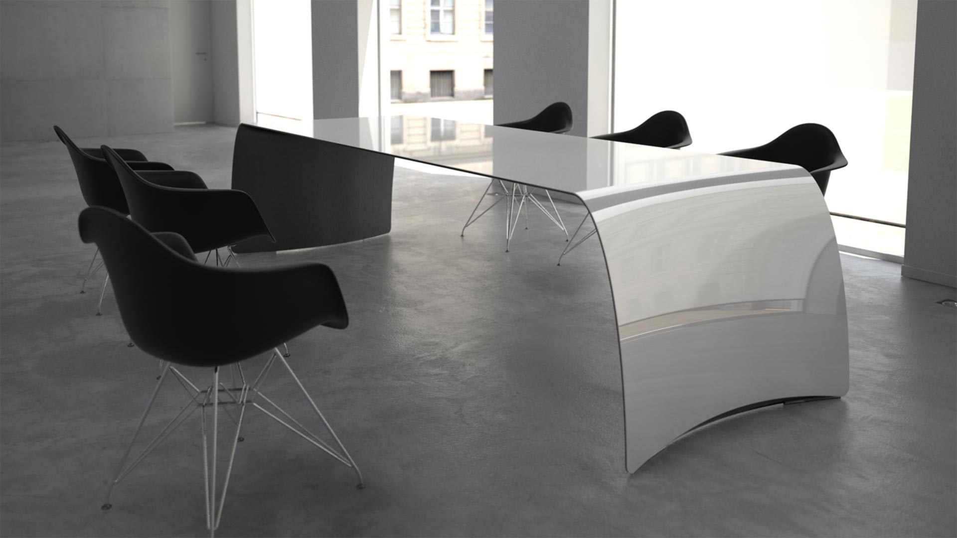 FLOYD /carbon. Dining table or desk. Made of carbon fiber, Kevlar and stainless steel. Painted matte white on top, black on the bottom side.