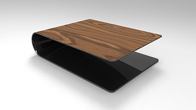 BOOMERANG. Low table or side table made of carbon fiber, Kevlar and structural foam. Veneer on the outside, transparent painted carbon fiber inside.