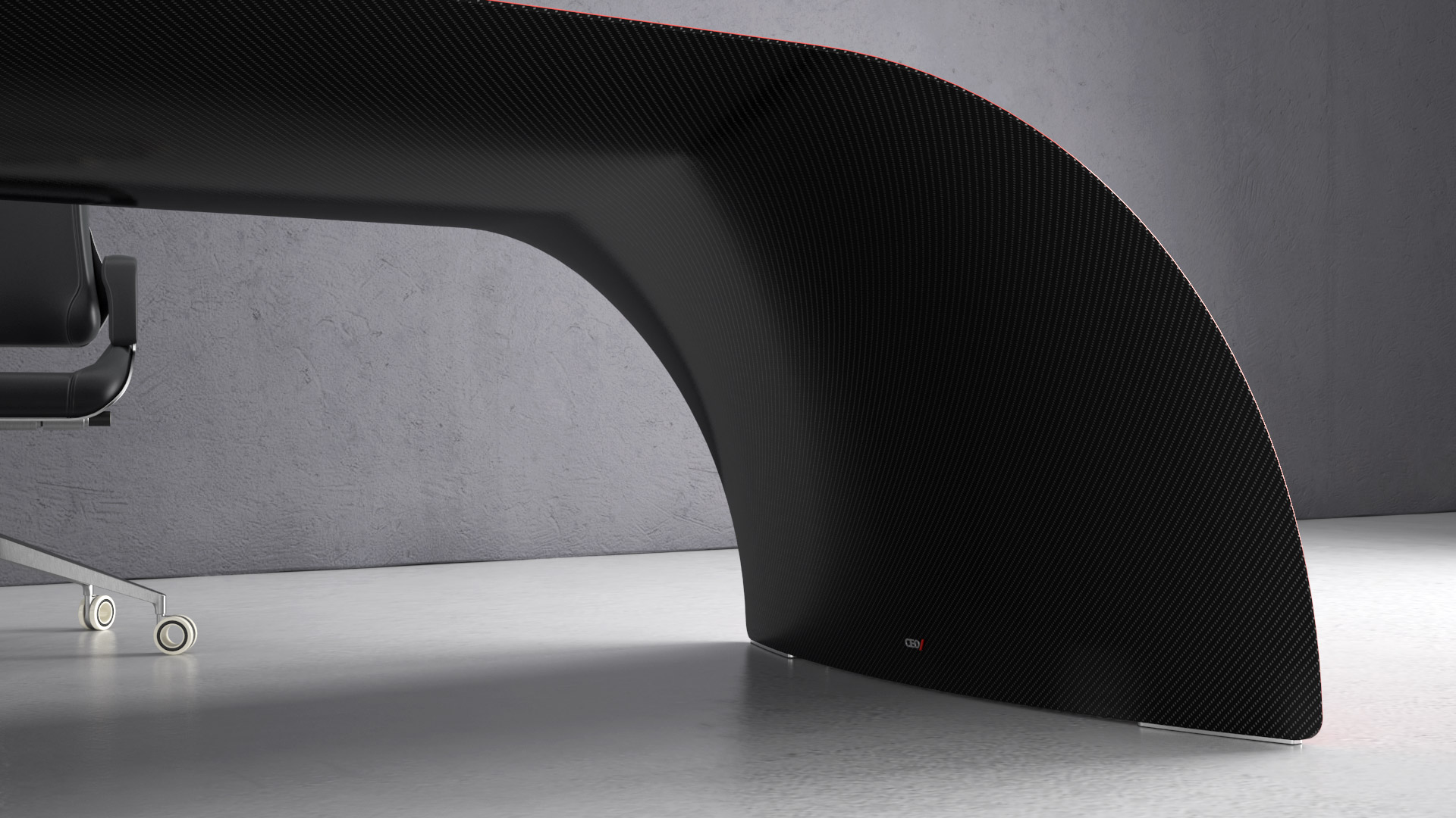 CEO /carbon. Executive desk made of carbon fiber, Kevlar and stainless steel. Painted glossy red on top, transparent glossy on the bottom side.